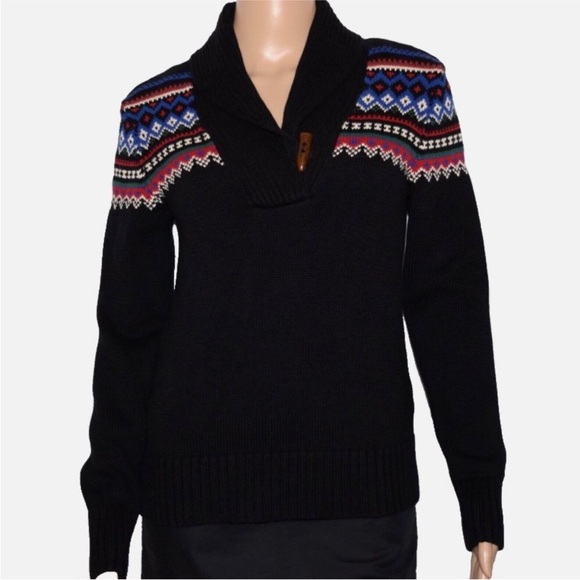 Lauren Ralph Lauren Sweaters - LAUREN RALPH LAUREN Black Multicolor Fair Isle Nordic Shawl Collar Sweater Sz M